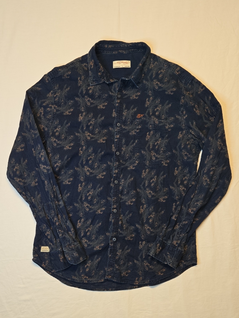 Ed Hardy Navy Blue AOP Printed Button-Down Long Sleeve Casual Dress Shirt